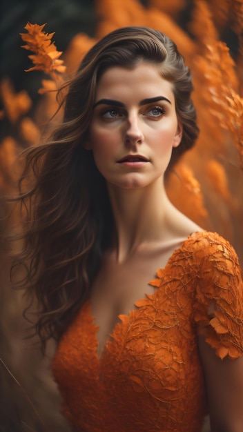 Uma mulher com um vestido laranja olha para a câmera.