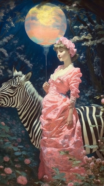 Uma mulher com um vestido rosa está ao lado de uma zebra.