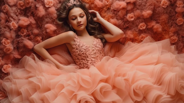 Uma mulher com um vestido rosa está deitada em uma cama com um padrão de flores em seu vestido.