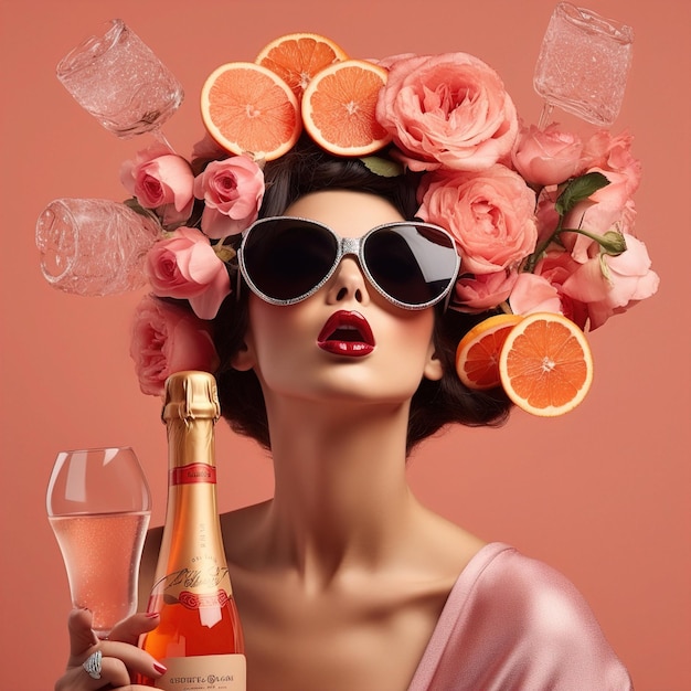 uma mulher com um vestido rosa segurando uma garrafa de champanhe e uma laranja.