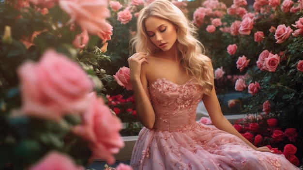 Uma mulher com um vestido rosa senta-se em frente a um jardim de flores cor-de-rosa.