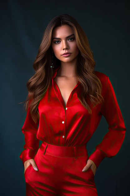 Uma mulher com um vestido vermelho com a palavra amor