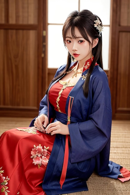 Uma mulher com um vestido vermelho com a palavra hanfu escrita