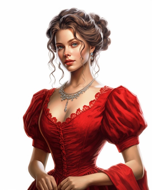 uma mulher com um vestido vermelho com detalhes em renda vermelha.