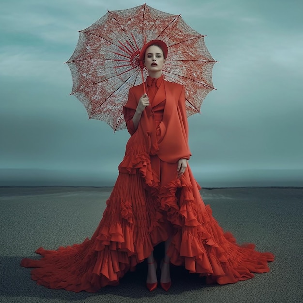 Uma mulher com um vestido vermelho com uma sombrinha e um guarda-chuva vermelho.