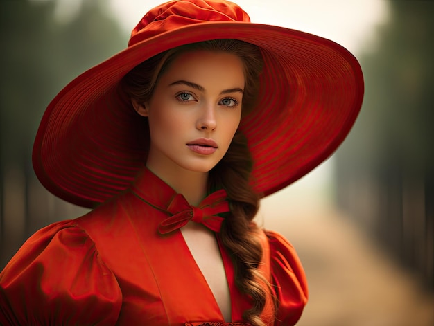 uma mulher com um vestido vermelho e chapéu