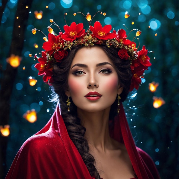 Foto uma mulher com um vestido vermelho e flores na cabeça está usando um xale vermelho