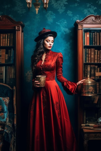 Uma mulher com um vestido vermelho está em frente a uma estante com uma estante ao fundo.