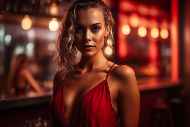 Uma mulher com um vestido vermelho está em frente ao balcão de um bar.