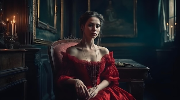 Foto uma mulher com um vestido vermelho está sentada em uma sala escura com uma pintura atrás dela.