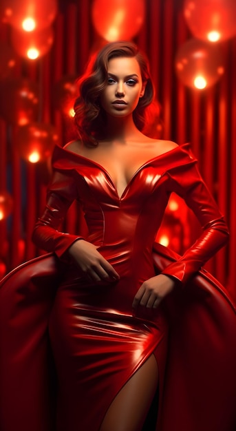 Uma mulher com um vestido vermelho está sentada sobre um fundo vermelho.