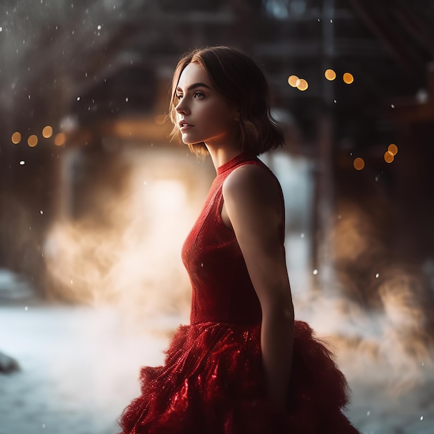 Uma mulher com um vestido vermelho fica na neve.