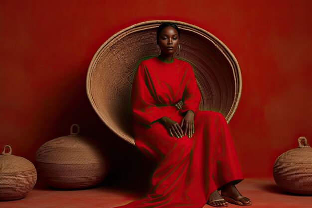 Uma mulher com um vestido vermelho sentada debaixo de uma cesta