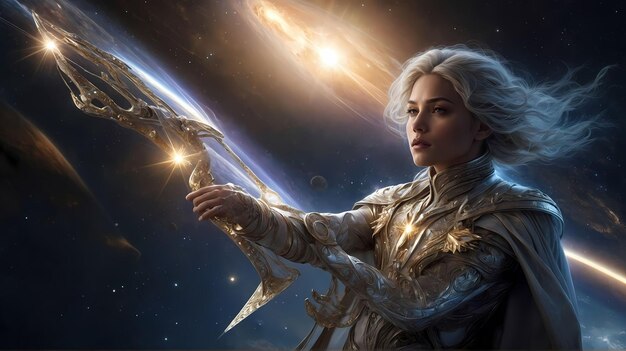 Foto uma mulher com uma arma apontando para um planeta.