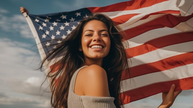 Foto uma mulher com uma bandeira na frente dela