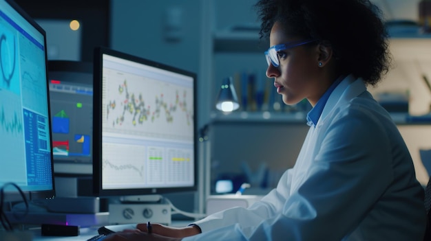 Foto uma mulher com uma bata de laboratório a trabalhar num computador