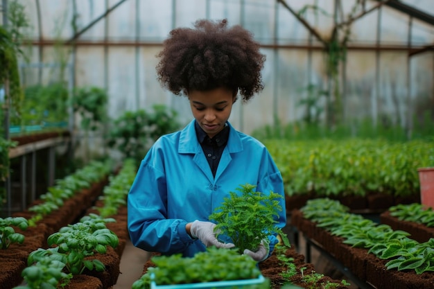 Foto uma mulher com uma bata de laboratório azul está cuidando de plantas em uma estufa