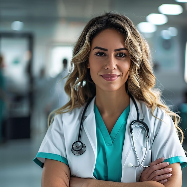 uma mulher com uma bata de laboratório branca está em uma sala com um estetoscópio em seu peito