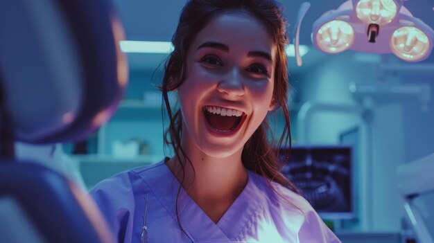 Foto uma mulher com uma bata de laboratório branca está sorrindo e rindo em um consultório dentário