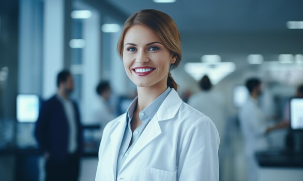 Uma mulher com uma bata de laboratório está confiantemente em um escritório