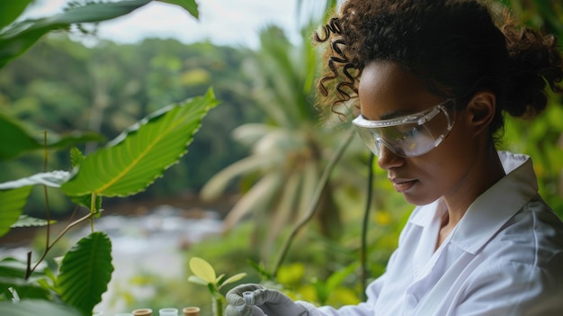 Foto uma mulher com uma bata de laboratório recolhe uma amostra de água do rio para teste