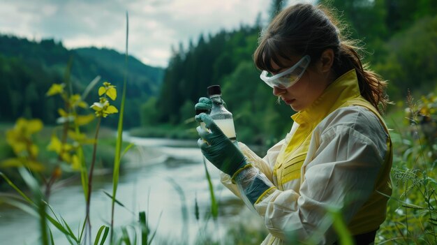 Uma mulher com uma bata de laboratório recolhe uma amostra de água do rio para teste