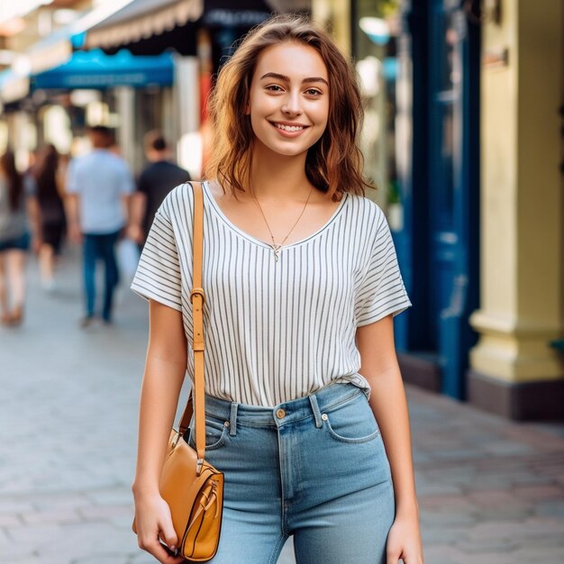 uma mulher com uma blusa listrada está andando pela rua.