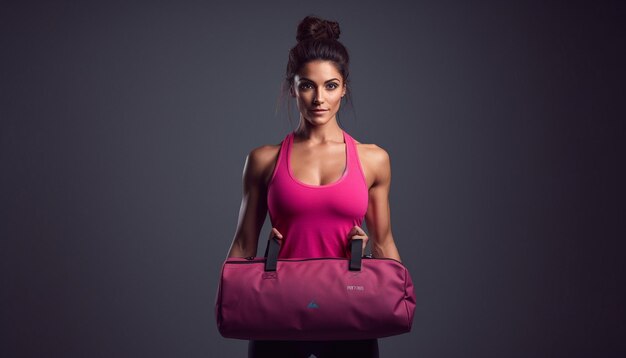 Foto uma mulher com uma bolsa rosa que diz esporte