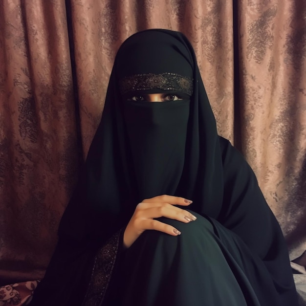 Uma mulher com uma burca preta e um hijab preto