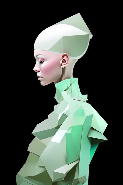 uma mulher com uma cabeça branca e uma cabeça verde e branca que tem uma cabeça branca que diz polígono sobre ele