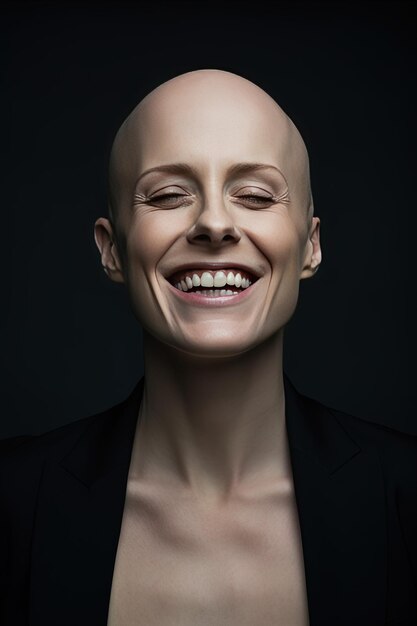 Foto uma mulher com uma cabeça careca e um sorriso no rosto