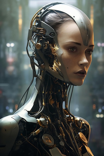 Uma mulher com uma cabeça de robô e a palavra robô na frente