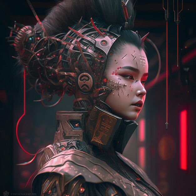 Uma mulher com uma cabeça de robô e um capacete que diz 'cyberpunk'