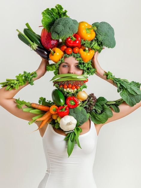 Foto uma mulher com uma cabeça de vegetais que diz 