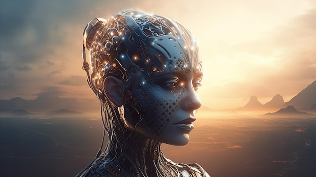 Uma mulher com uma cabeça e uma cabeça futurística com um cérebro brilhante no topo