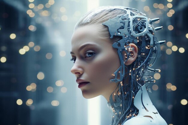Uma mulher com uma cabeça futurista e as palavras " o futuro " na parte de trás da cabeça.