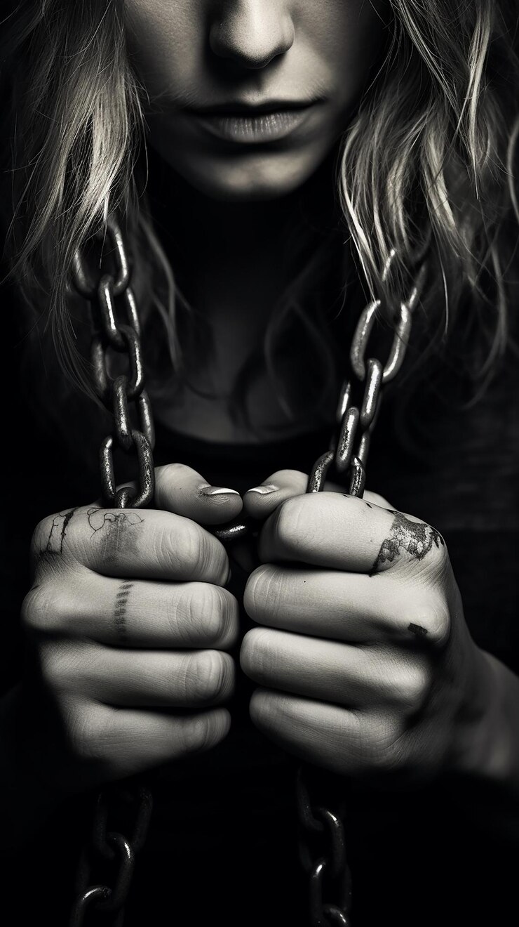 Foto uma mulher com uma cadeia ao redor de seu pescoço e suas mãos segurando uma cadeia