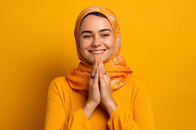 Uma mulher com uma camisa amarela com um lenço na cabeça e uma camisa amarela que diz 'sou muçulmano'