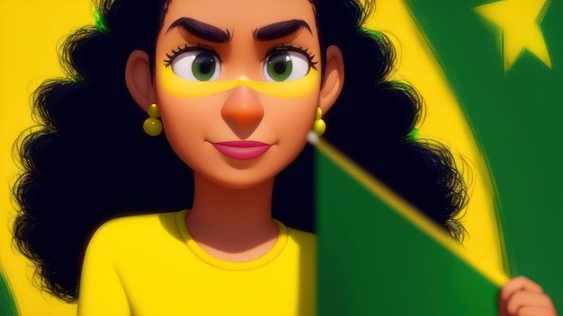 Uma mulher com uma camisa amarela e olhos verdes está atrás de uma bandeira amarela que diz 'rio'