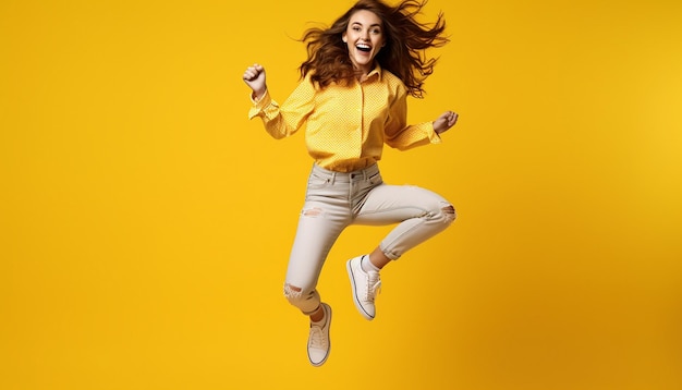 uma mulher com uma camisa amarela está pulando no ar com os braços estendidos para a boca
