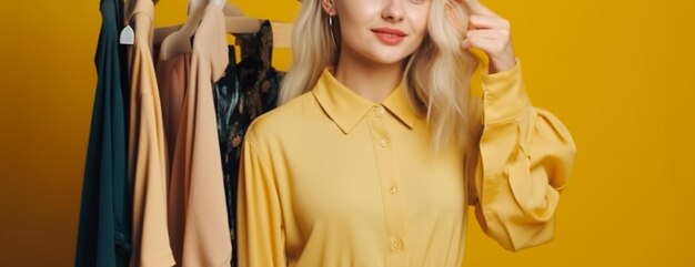 Uma mulher com uma camisa amarela fica na frente de um cabide e usa uma camisa amarela generative ai