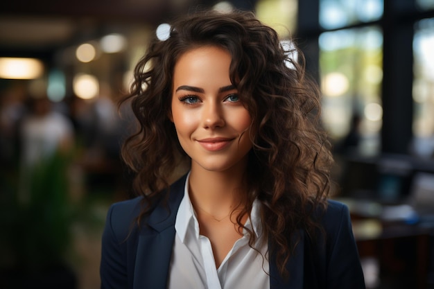 Uma mulher com uma camisa azul e um blazer azul está sorrindo.