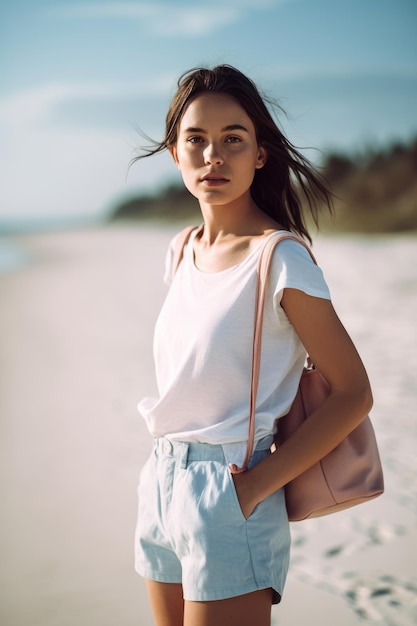 Uma mulher com uma camisa branca e shorts jeans rosa claro está em uma praia.