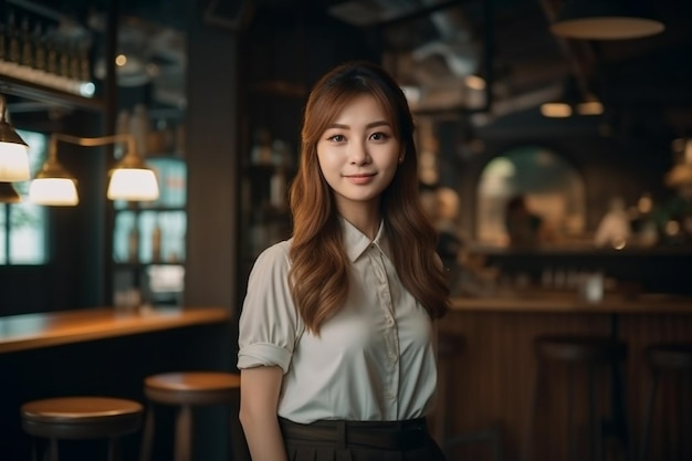 Uma mulher com uma camisa branca está em um bar com um bar ao fundo.