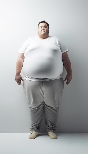 Uma mulher com uma camisa branca que diz gordo.