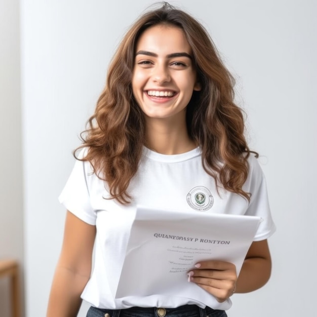 Foto uma mulher com uma camisa branca que diz 