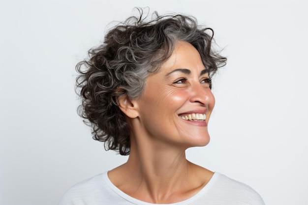 uma mulher com uma camisa branca sorrindo e olhando para cima