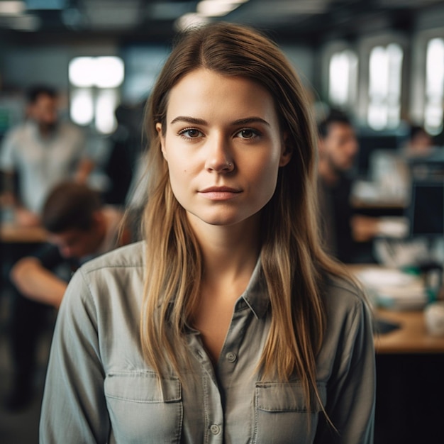 Uma mulher com uma camisa cinza está de pé em um escritório com uma mesa de computador ao fundo.