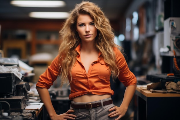 uma mulher com uma camisa laranja em pé na frente de um computador