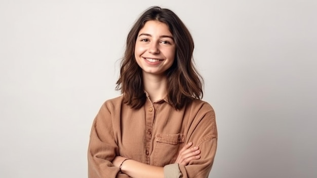 Uma mulher com uma camisa marrom sorri e sorri.